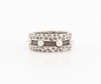 925 Sterling Silver Vintage Ring Solid Dented Borders & Beaded  Sz 7  RG28114