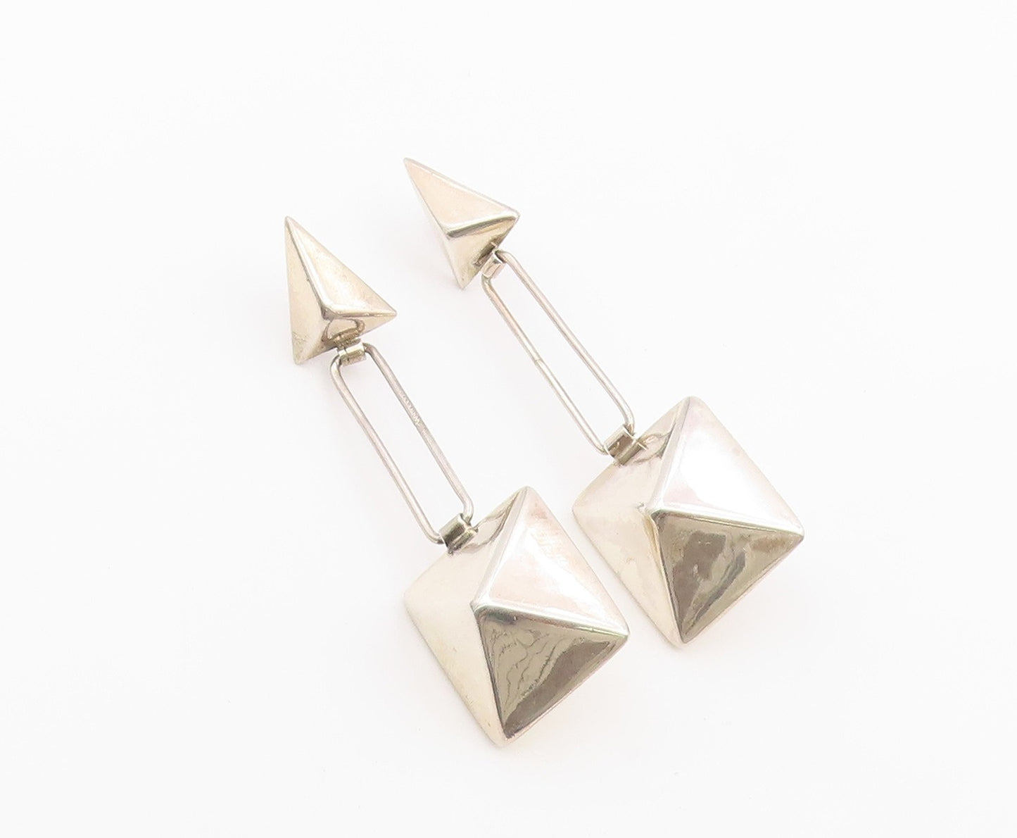 925 Sterling Silver Vintage Earrings 3D Geometric Pyramid Linear Drop  EG14422