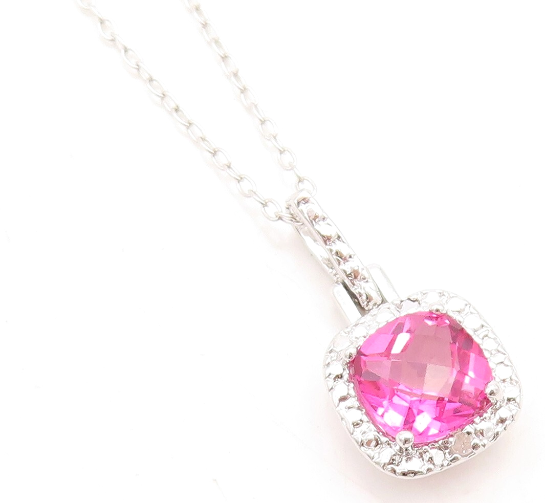 925 Sterling Silver  Genuine Diamond & Pink Topaz Shiny Chain Necklace  NE2066