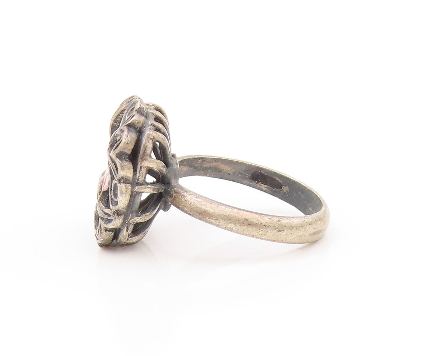925 Sterling Silver Vintage Ring Enameled Victorian Swirly Flower  Sz 8  RG33009