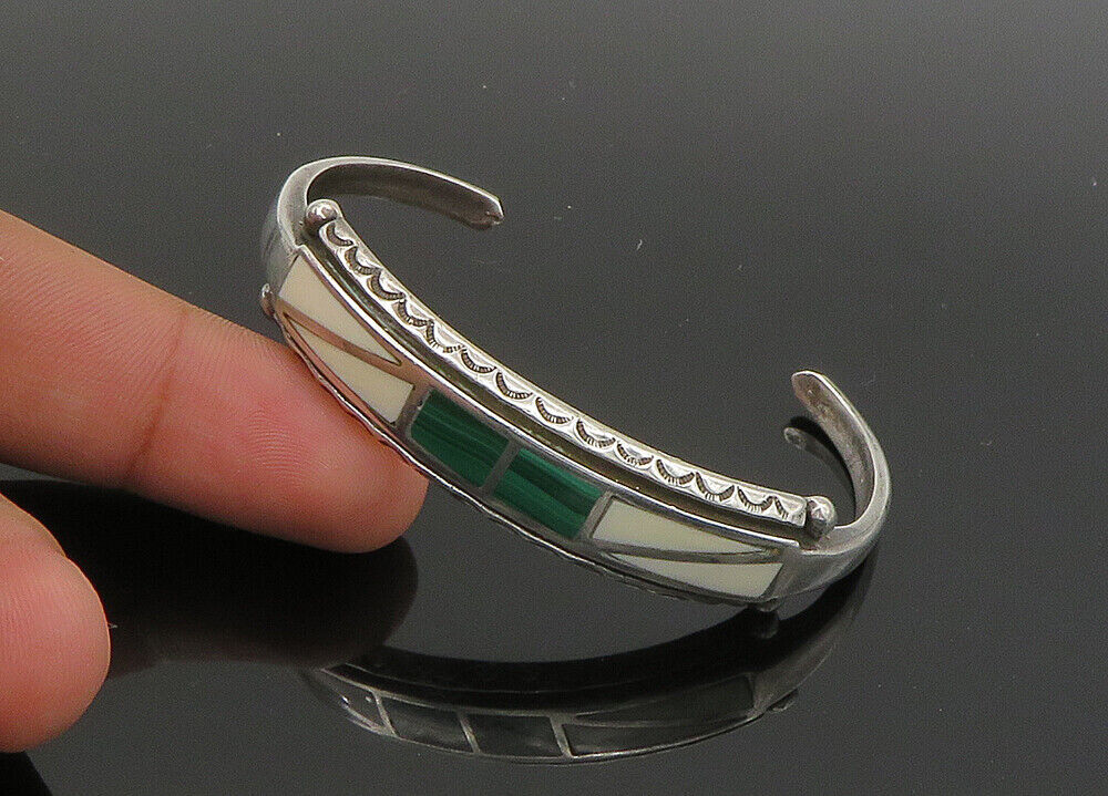 ZUNI NAVAJO 925 Sterling Silver Vintage Malachite & Agate Cuff Bracelet BT8943