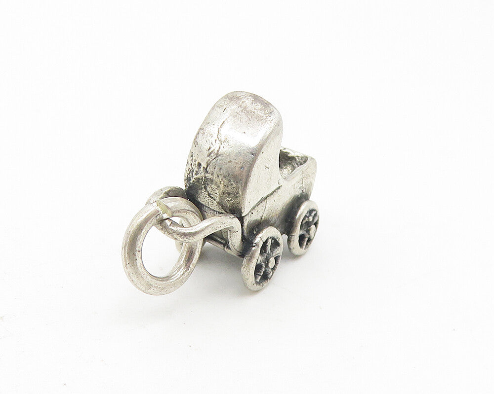 925 Sterling Silver  Vintage Petite Dark Tone Baby Carriage Pendant  PT9386