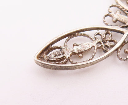 925 Silver  Vintage Openwork Heart & Flowers Cross Gemstone Pendant  PT21316