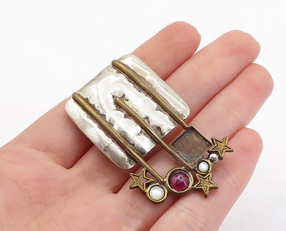 925 Sterling Silver  Vintage Mother Of Pearl & Topaz 2 Tone Brooch Pin  BP2097