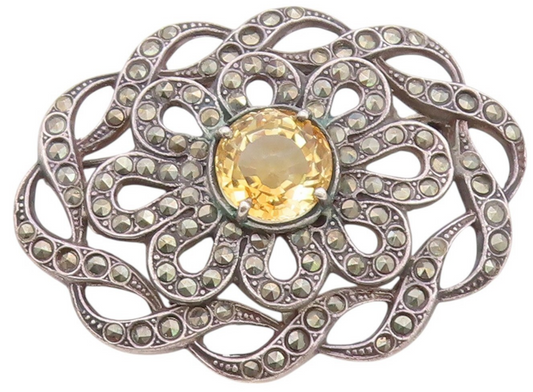 925 Sterling Silver Vintage Brooch Citrine & Marcasite Cutout Flower  BP11727