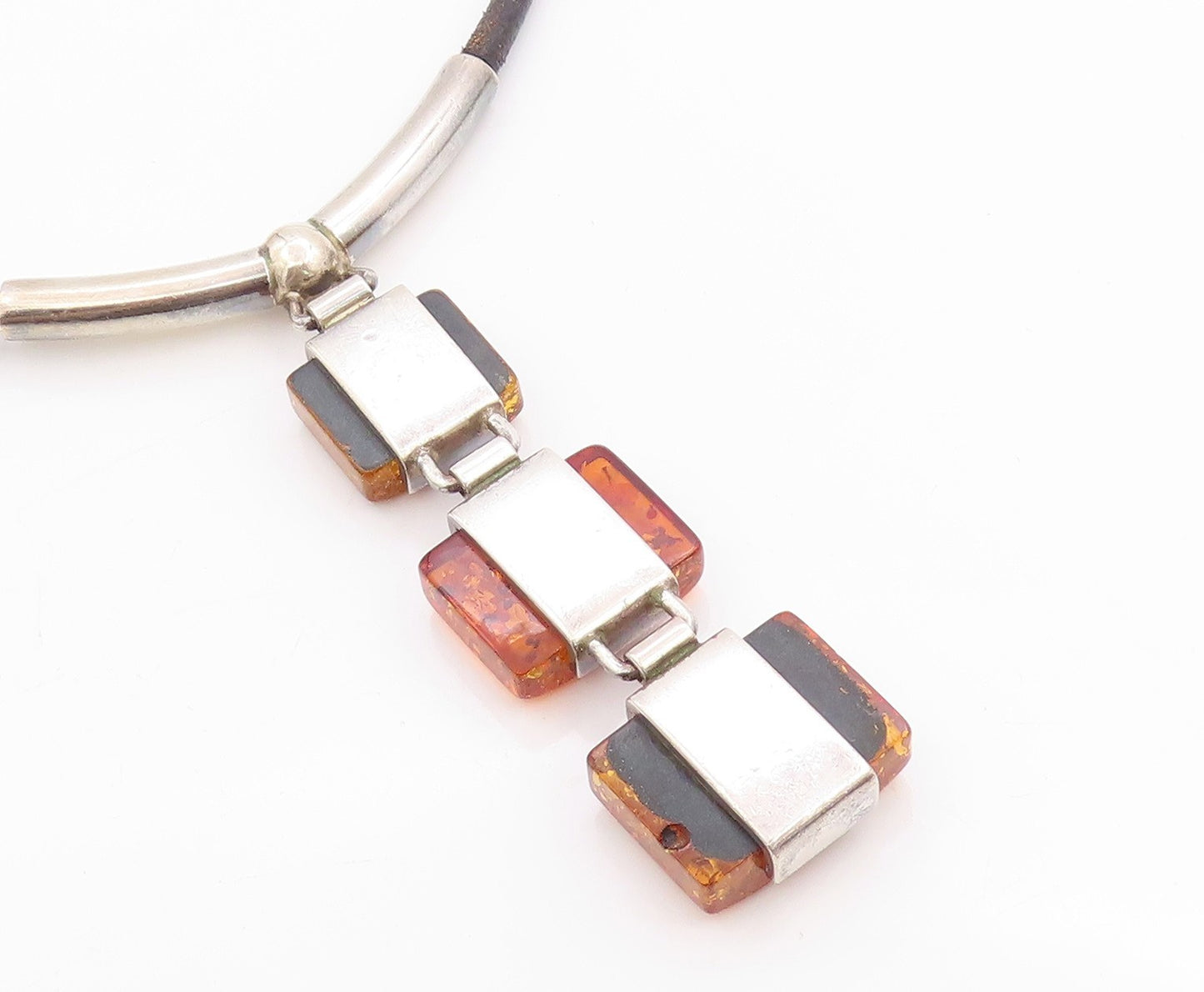 925 Sterling Silver Vintage Necklace Square Cabochon Drop Honey Amber  NE4599