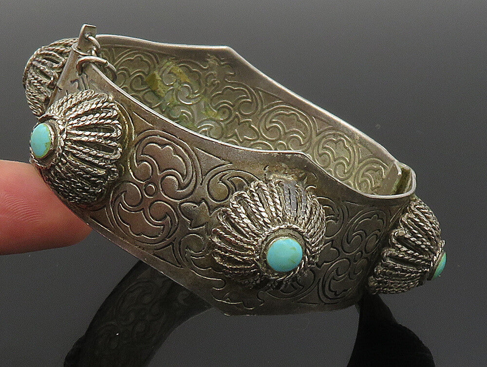 MIDDLE EAST 925 Silver  Vintage Floral Turquoise Etched Bangle Bracelet BT9366