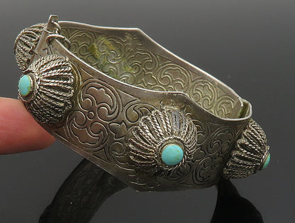 MIDDLE EAST 925 Silver  Vintage Floral Turquoise Etched Bangle Bracelet BT9366