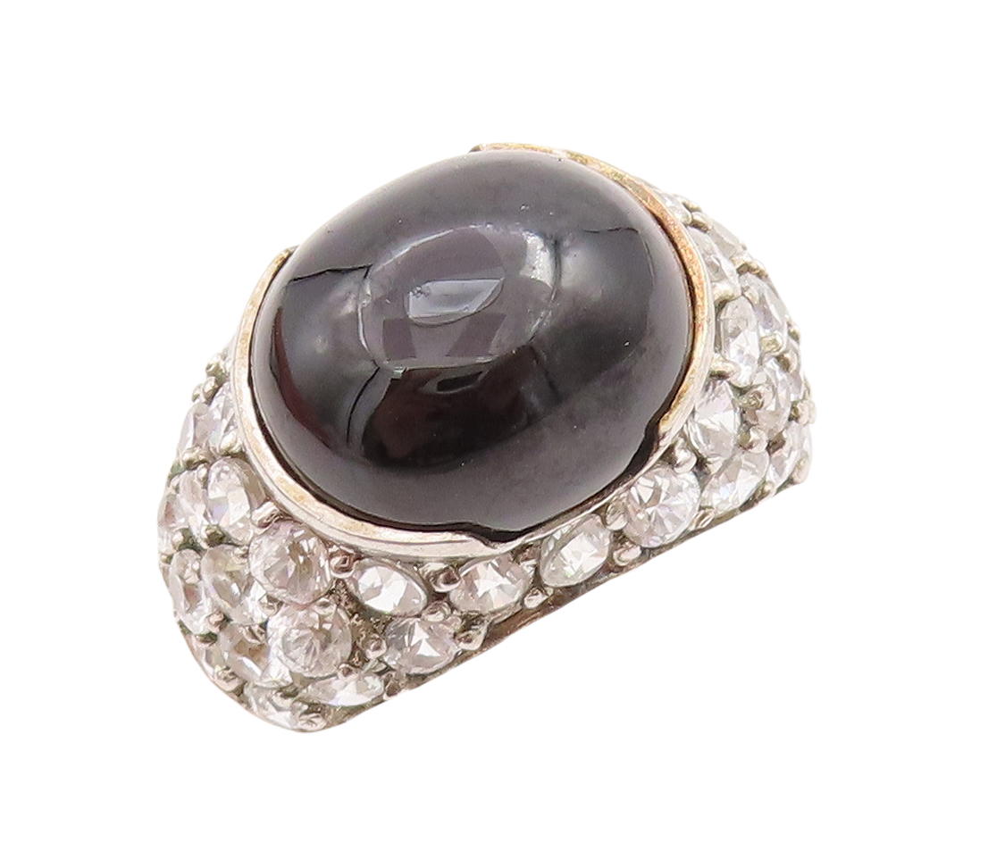 925 Sterling Silver Vintage Ring Cabochon Onyx Inlay Topaz  Sz 7  RG28873