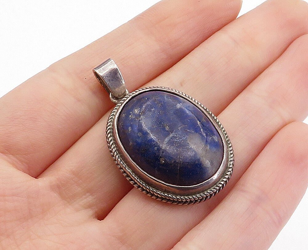 925 Sterling Silver  Vintage Cabochon Cut Sodalite Wheat Border Pendant PT2894