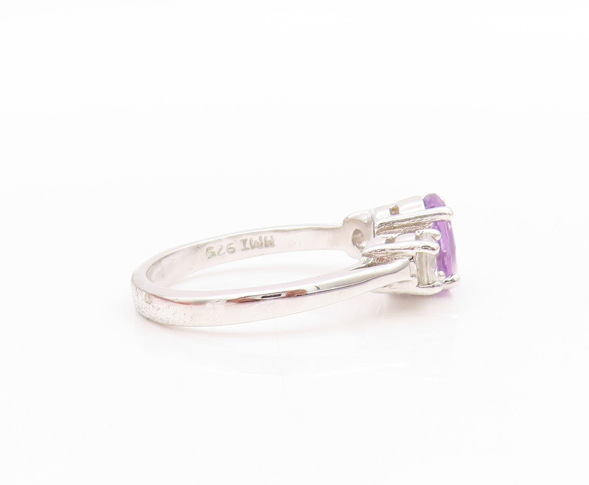 925 Sterling Silver Vintage Ring Amethyst & CZ Three Stone Band  Sz 6  RG33577