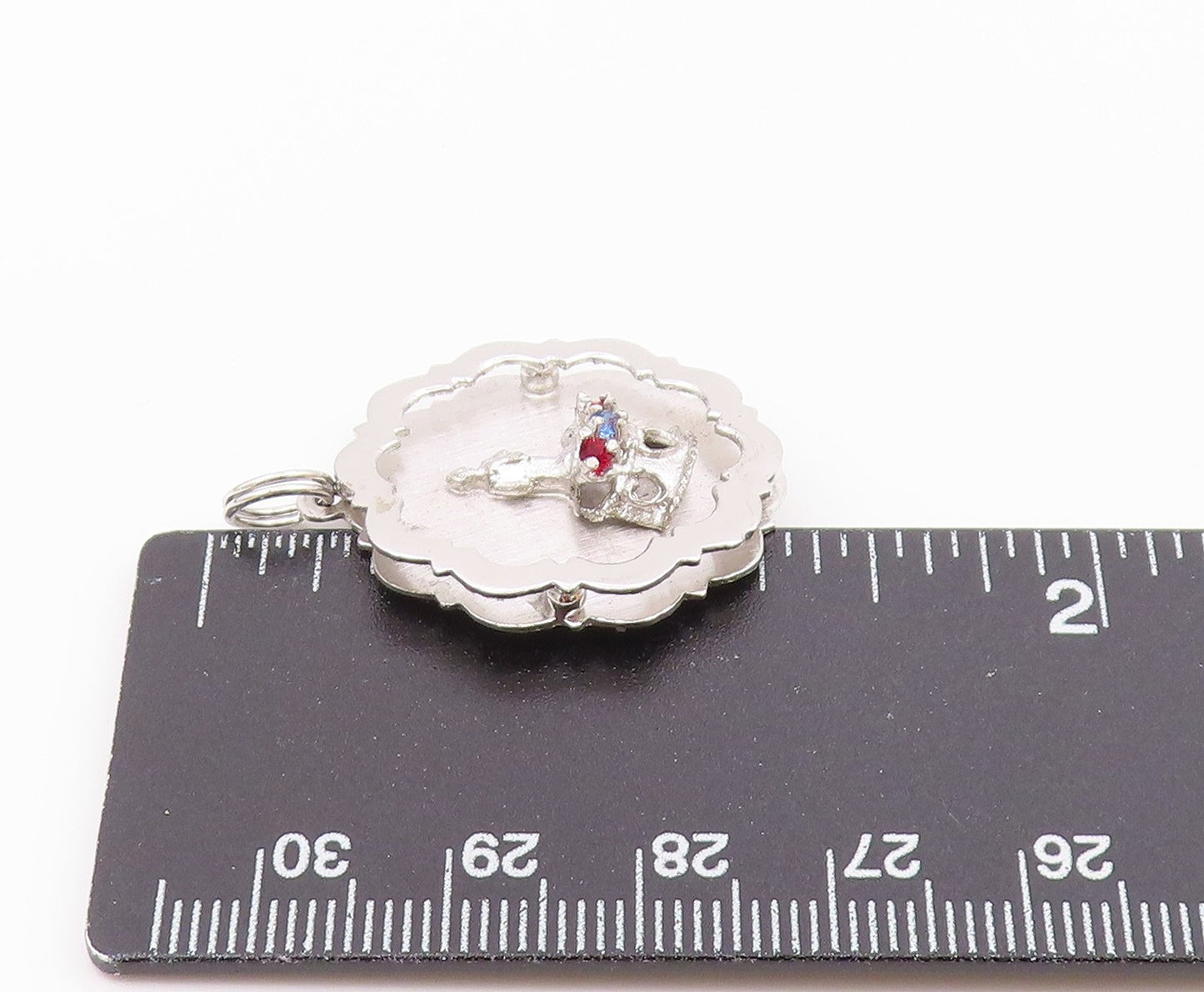 925 Sterling Silver   Vintage Garnet & Blue Topaz Royal Crown Pendant  PT18285