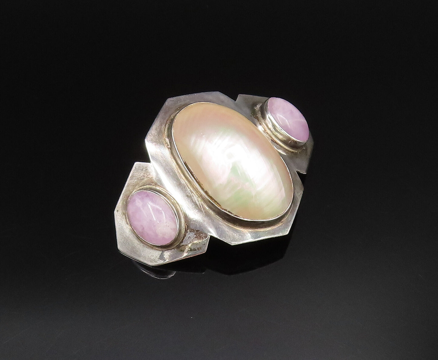 DESIGNER 925 Silver  Vintage Mother Of Pearl & Purple Jade Brooch Pin  BP9802