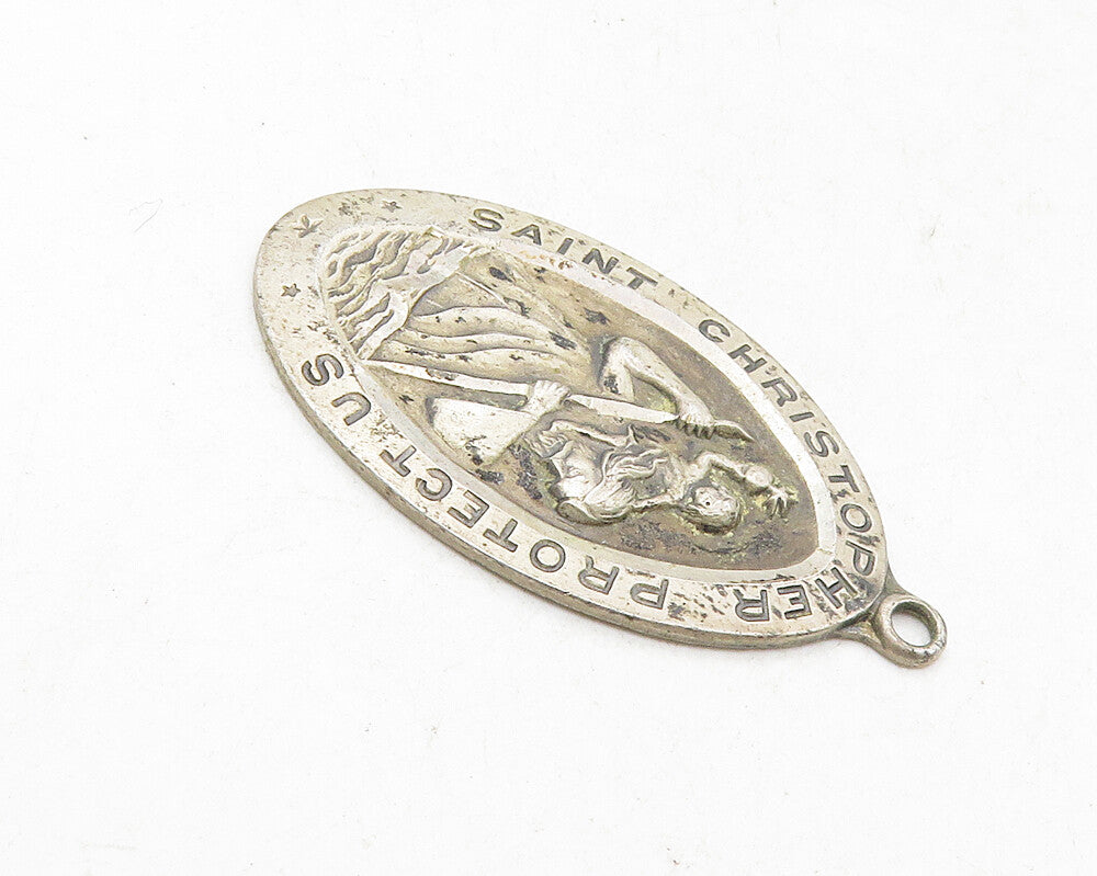 CHAPEL 925 Sterling Silver  Vintage Saint Christopher Prayer Pendant  PT7938