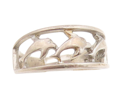 925 Sterling Silver Vintage Ring Cutout Diving Dolphins  Sz 8  RG33259
