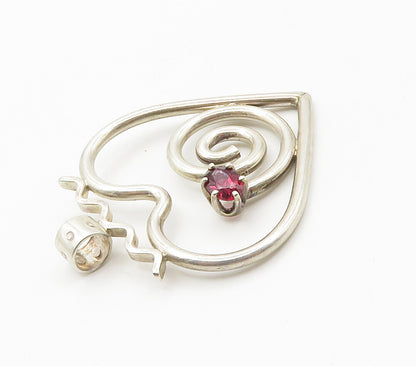 925 Sterling Silver  Vintage Pink Topaz Open Spiral Love Heart Pendant PT11624