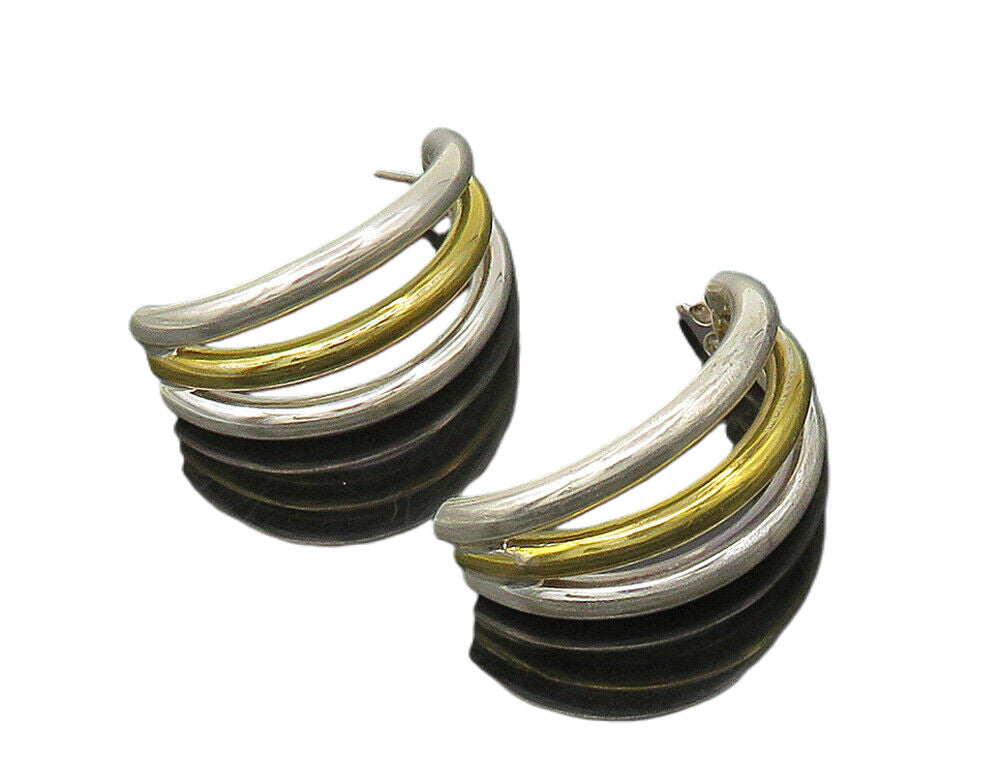 925 Sterling Silver  Vintage Shiny 2 Tone Hollow Tube JHoop Earrings  EG8712