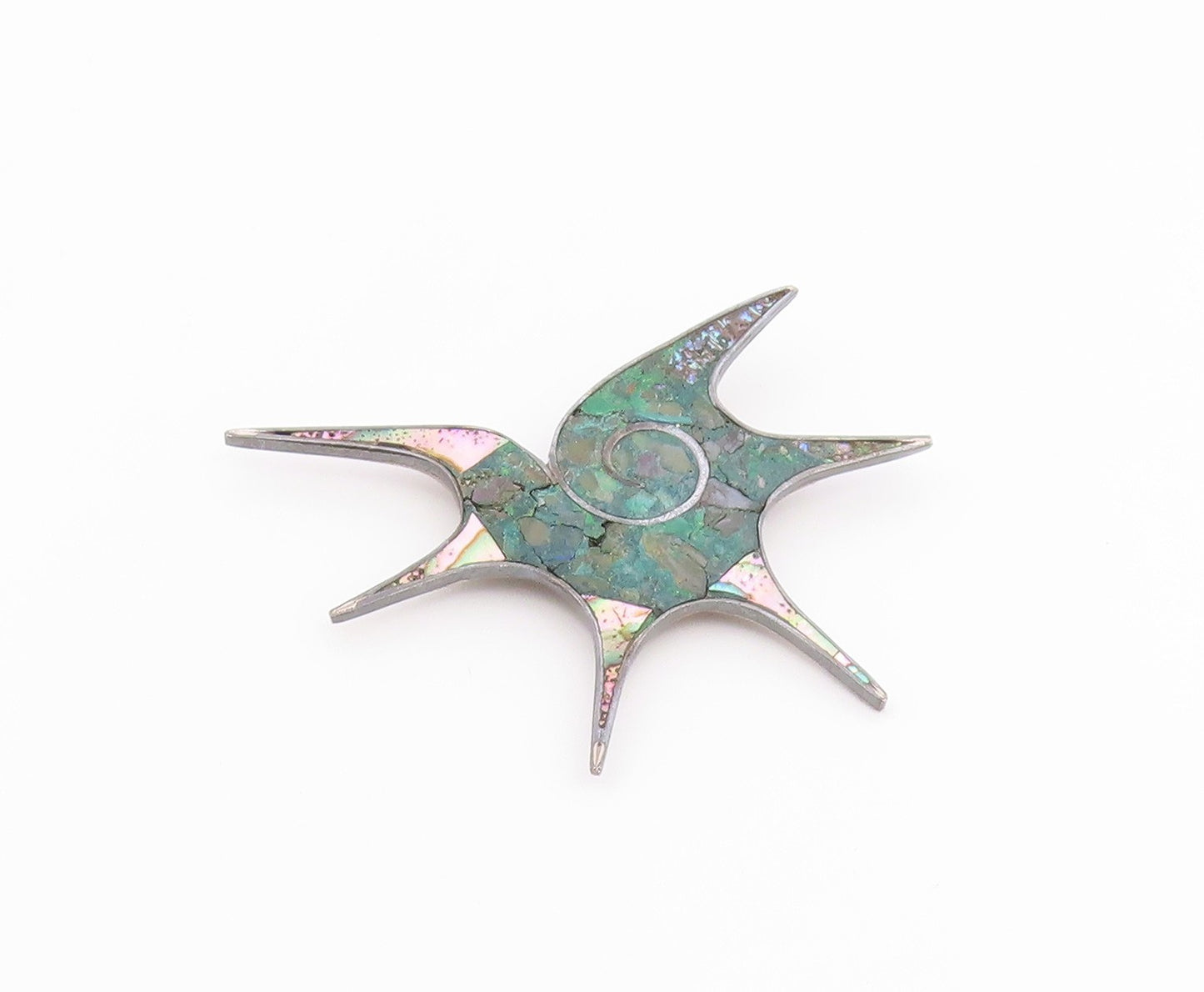 MEXICO 925 Silver  Vintage Abalone & Crushed Chrysocolla Brooch Pin  BP10090