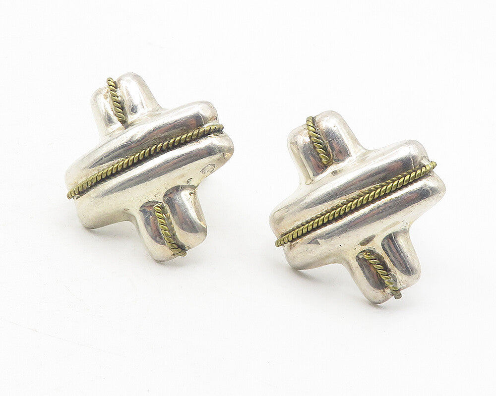 MEXICO 925 Silver  Vintage Two Tone Rope Twist Non Pierce Earrings  EG6030