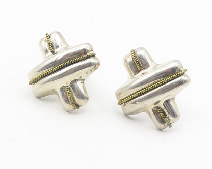 MEXICO 925 Silver  Vintage Two Tone Rope Twist Non Pierce Earrings  EG6030