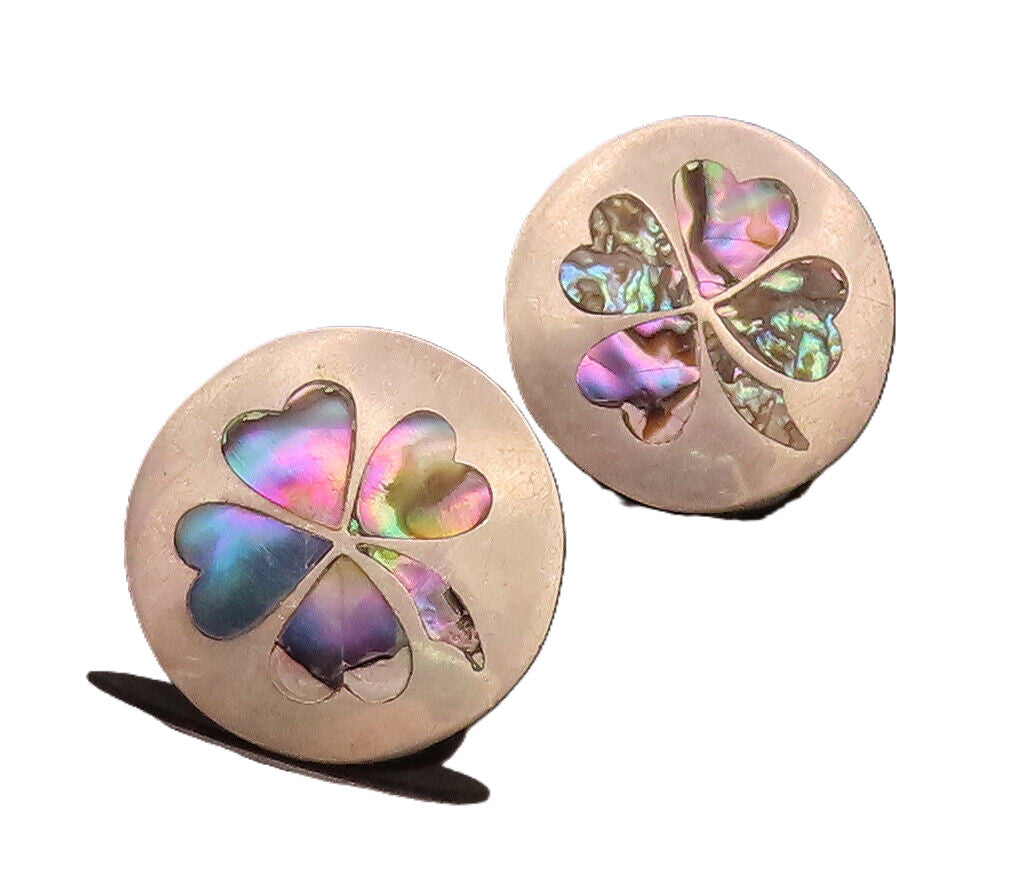 MEXICO 925 Silver  Vintage Inlaid Shamrock 4 Petal Flower Earrings  EG12447
