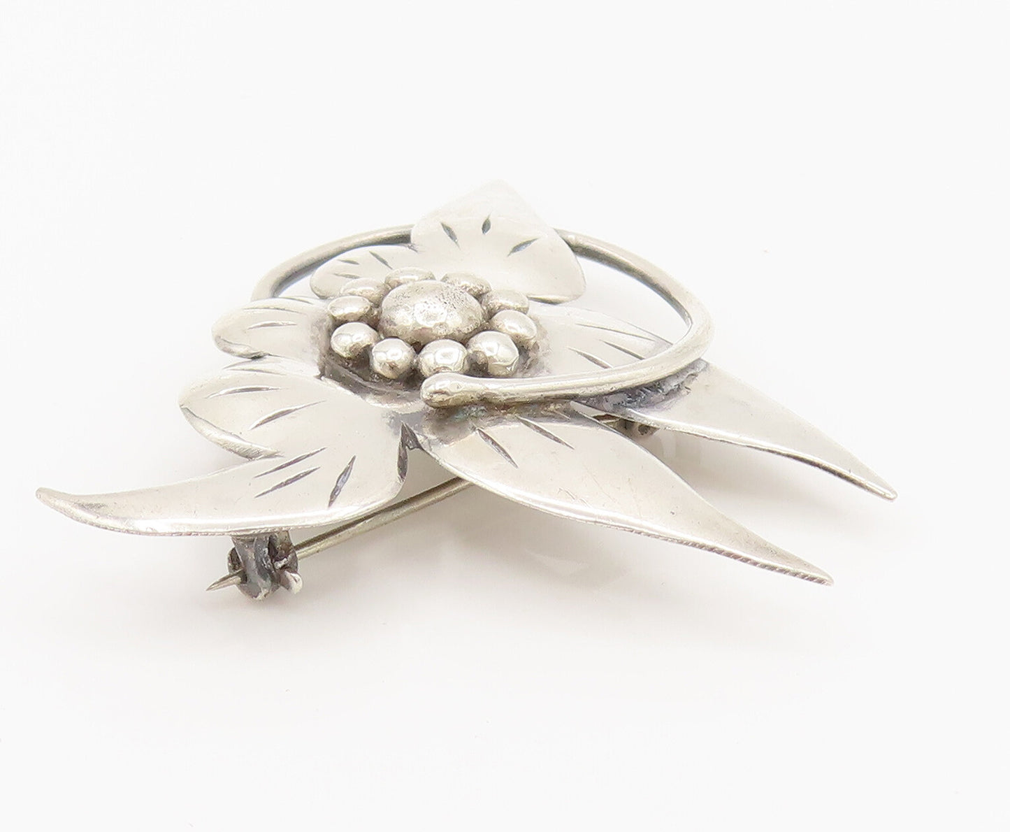 925 Sterling Silver  Vintage Stem Wrapped Etched Flower Brooch Pin  BP10106