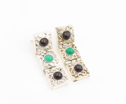 925 Sterling Silver Vintage Earrings Cabochon Onyx Geometric Panel Stud  EG13775