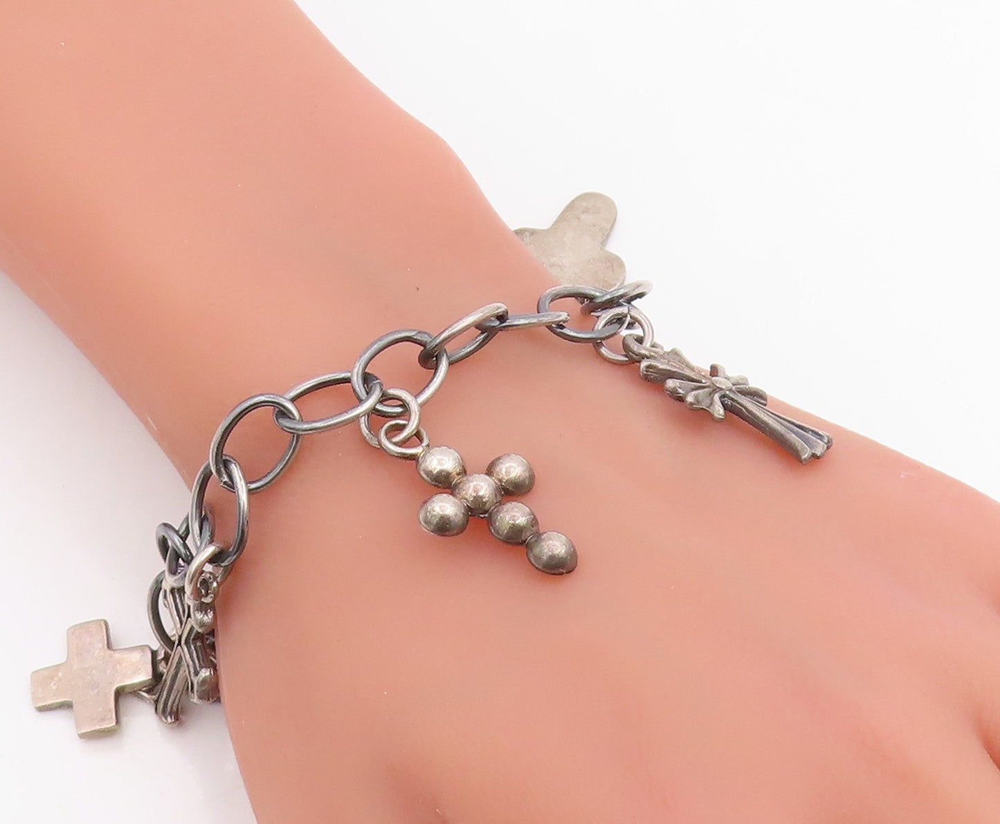 925 Sterling Silver Vintage Bracelet MEXICO Religious Cross Charms Link  BT11866