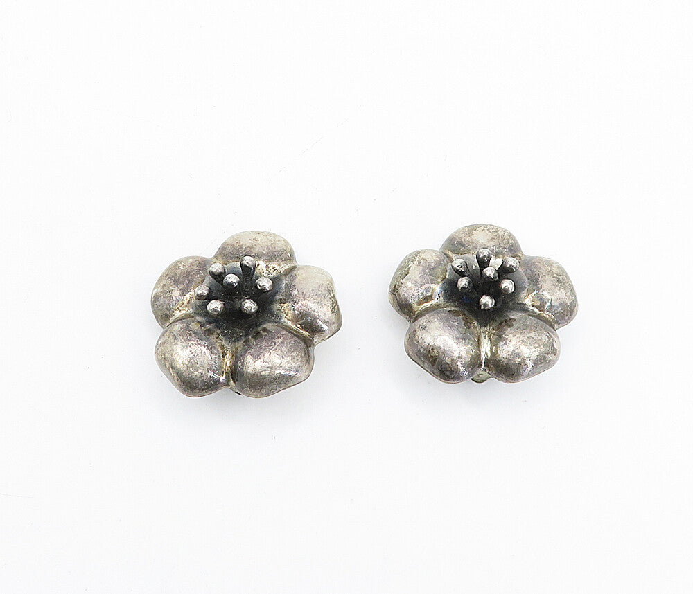 MEXICO 925 Silver  Vintage Dark Tone Flower Motif Non Pierce Earrings  EG2230