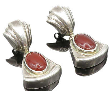 MEXICO 925 Silver  Vintage Cabochon Cut Carnelian Triangle Earrings  EG11668