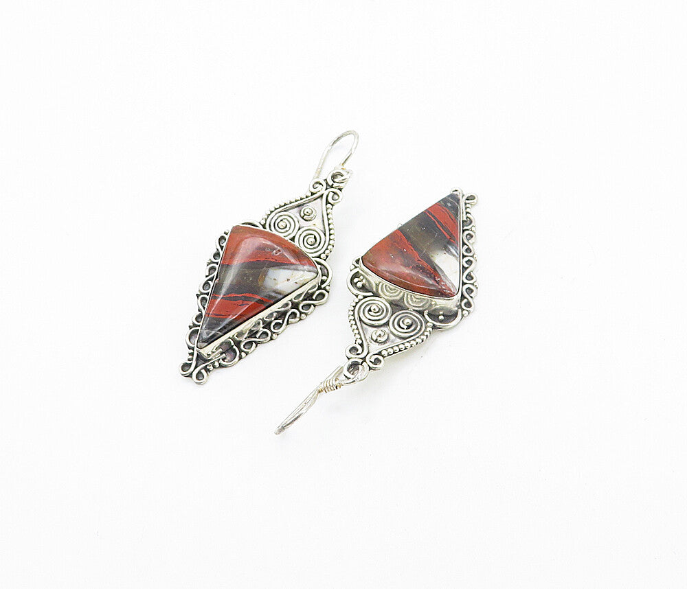 925 Sterling Silver  Vintage Red & Brown Agate Swirl Dangle Earrings  EG3512