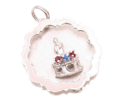 925 Sterling Silver   Vintage Garnet & Blue Topaz Royal Crown Pendant  PT18285