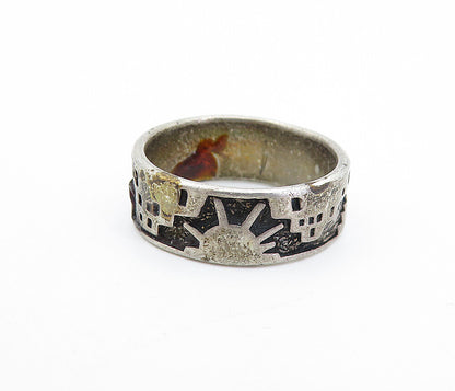 SHUBE 925 Sterling Silver  Vintage Oxidized City Scene Band Ring Sz 5.5 RG6807