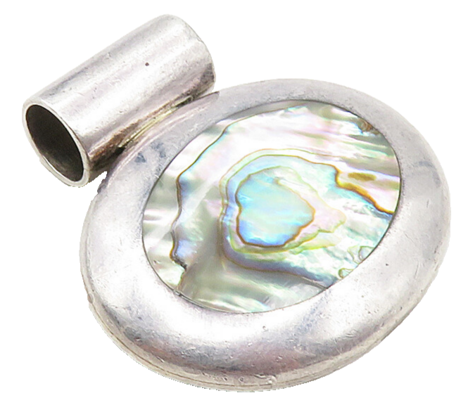 925 Sterling Silver  Vintage Inlaid Abalone Oxidized Oval Slide Pendant PT7129