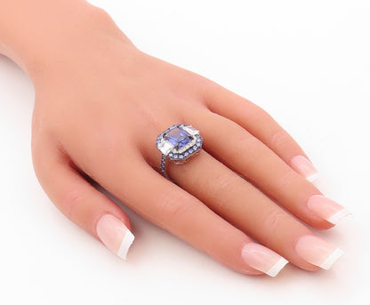 925 Sterling Silver Vintage Ring Designer Rectangle Sapphire & CZ  Sz 7  RG30893