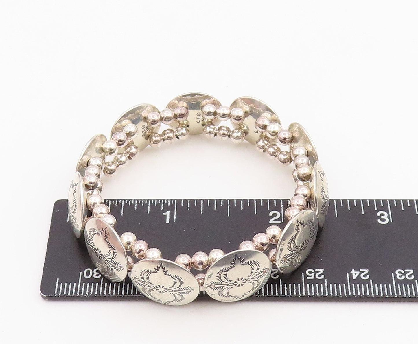 925 Sterling Silver Vintage Bracelet NAVAJO Etched Concho Panel Link  BT11864