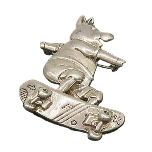 925 Sterling Silver Vintage Shiny Skateboarding Pig Brooch Pin BP9088