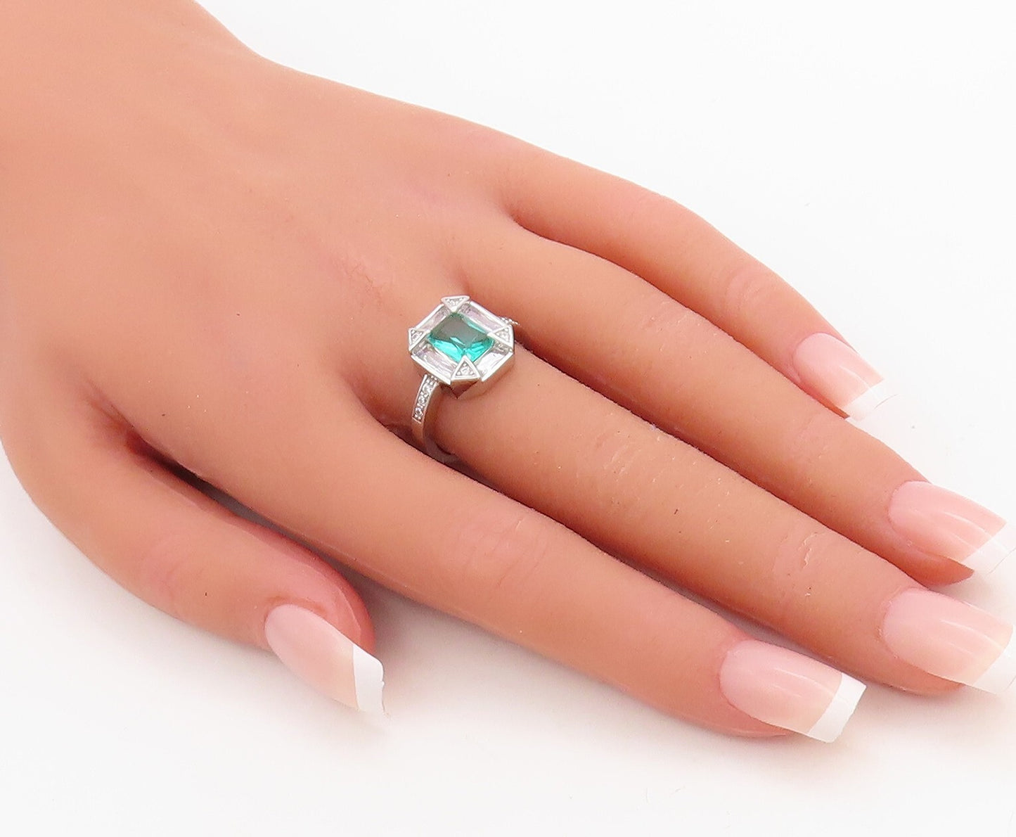 925 Sterling Silver Vintage Ring Rectangle Sea Green & White CZ  Sz 7.5  RG30706