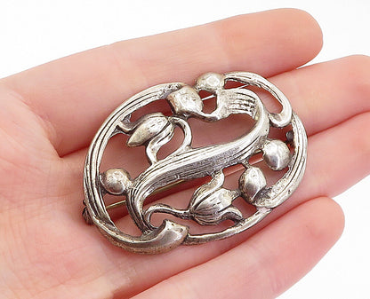 925 Sterling Silver  Vintage Antique Dark Tone Floral Vine Brooch Pin  BP1987