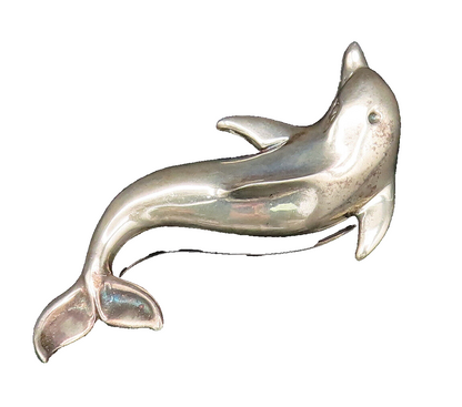 MEXICO 925 Silver  Vintage Carved Dolphin Sea Animal Brooch Pin  BP10035
