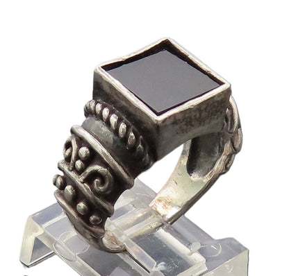 925 Sterling Silver  Vintage Rectangular Onyx Carved Shank Ring Sz 8  RG27543