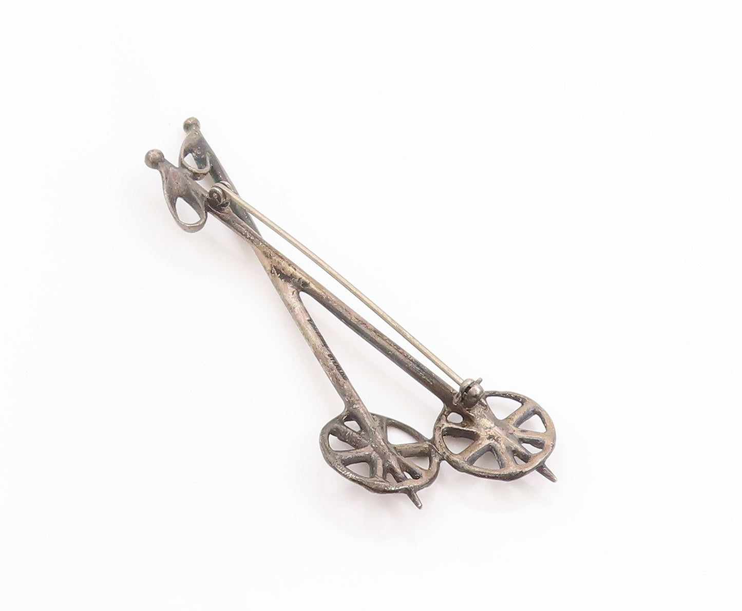 925 Sterling Silver Vintage Brooch Dark Tone Crossed Skis of Yesteryear  BP11830