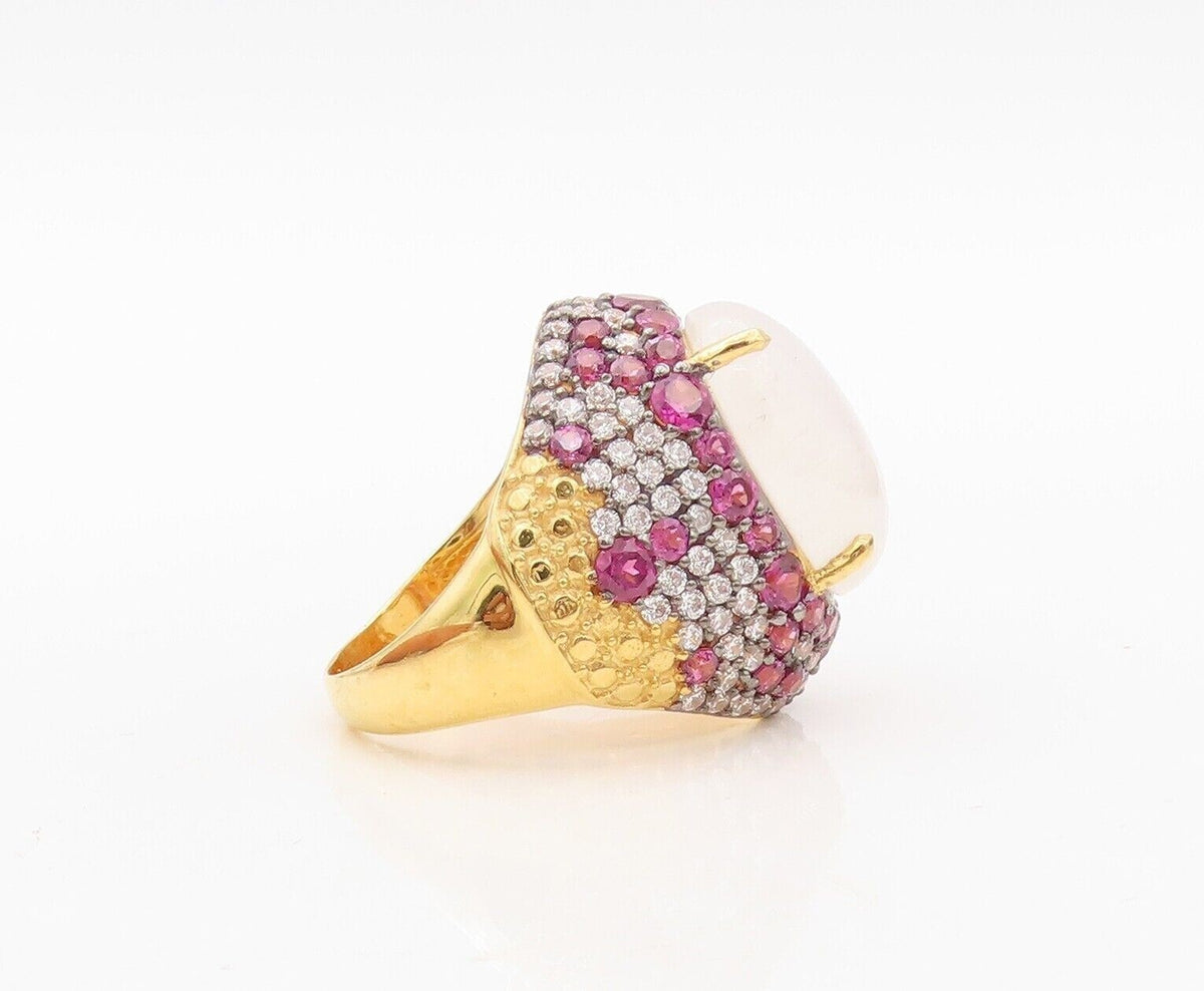 925 Sterling Silver Vintage Ring Gold Plated Gemstone & Topaz  Sz 7.5  RG30475