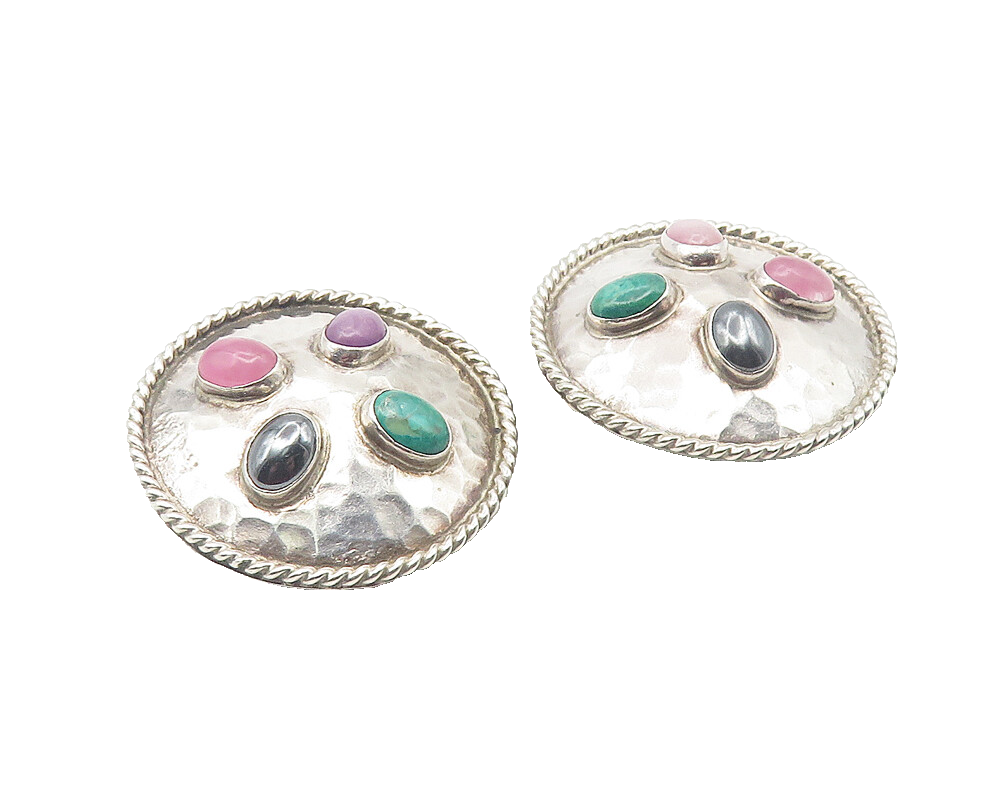 MEXICO 925 Silver Vintage Hematite & Multi Stone Non Pierce Earrings EG5942