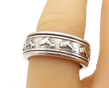 925 Sterling Silver  Vintage Dolphin Patterned Band Spinner Ring Sz 8  RG6813