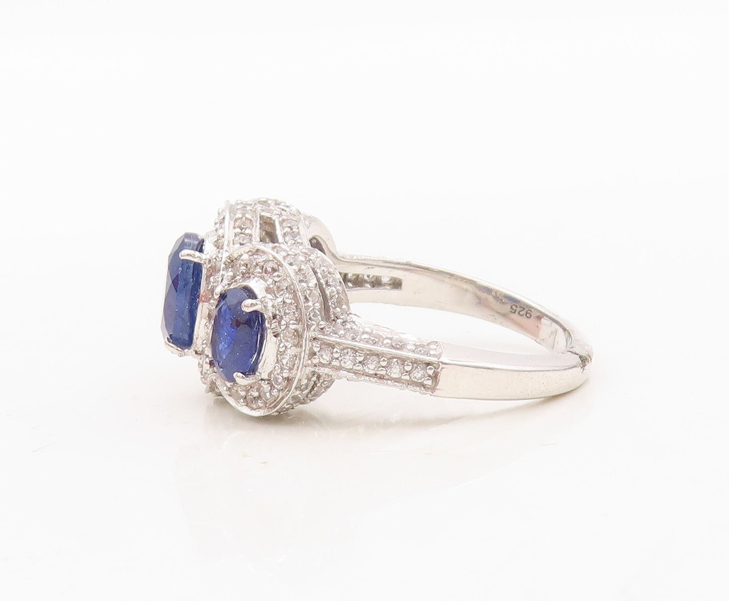 925 Sterling Silver Vintage Ring Oval Cut Sapphire Halo CZ  Sz 7.5  RG30373
