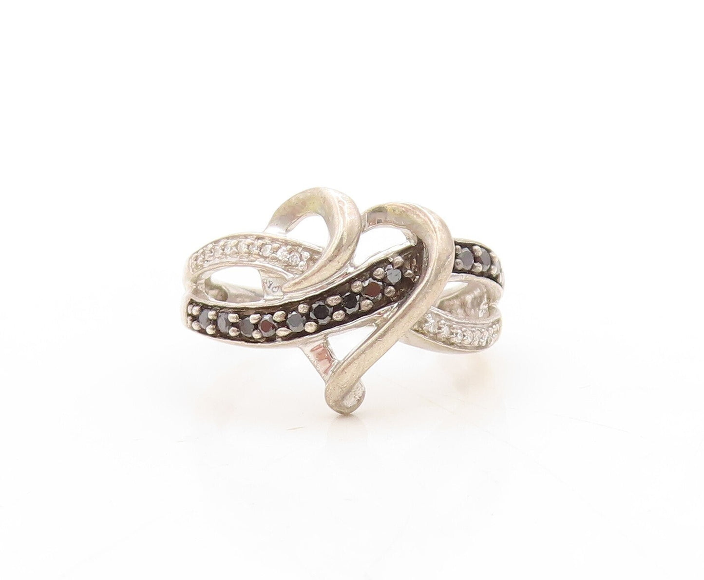 925 Sterling Silver Vintage Ring White & Black Diamonds Heart  Sz 6.5  RG31288