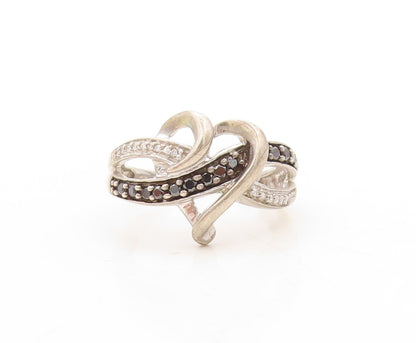 925 Sterling Silver Vintage Ring White & Black Diamonds Heart  Sz 6.5  RG31288