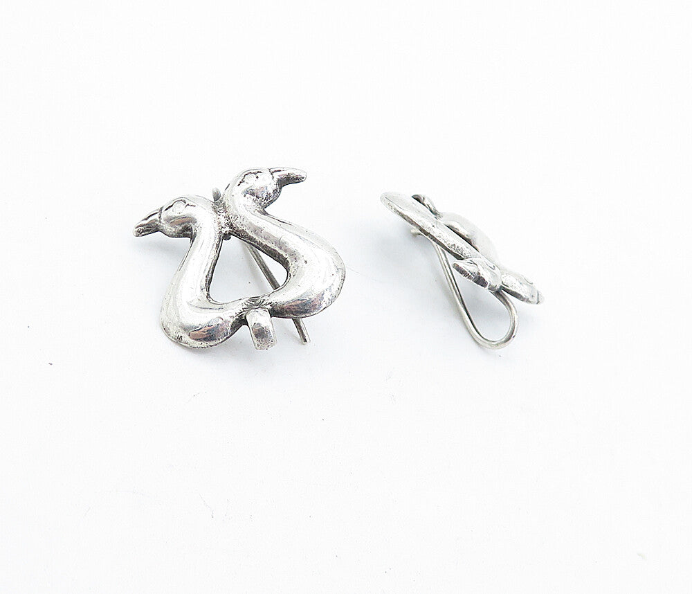 925 Sterling Silver Vintage Shiny Double Swan's Head Drop Earrings EG2403