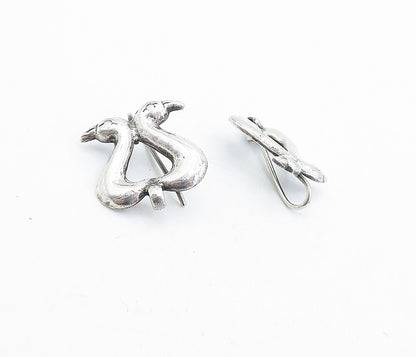925 Sterling Silver Vintage Shiny Double Swan's Head Drop Earrings EG2403